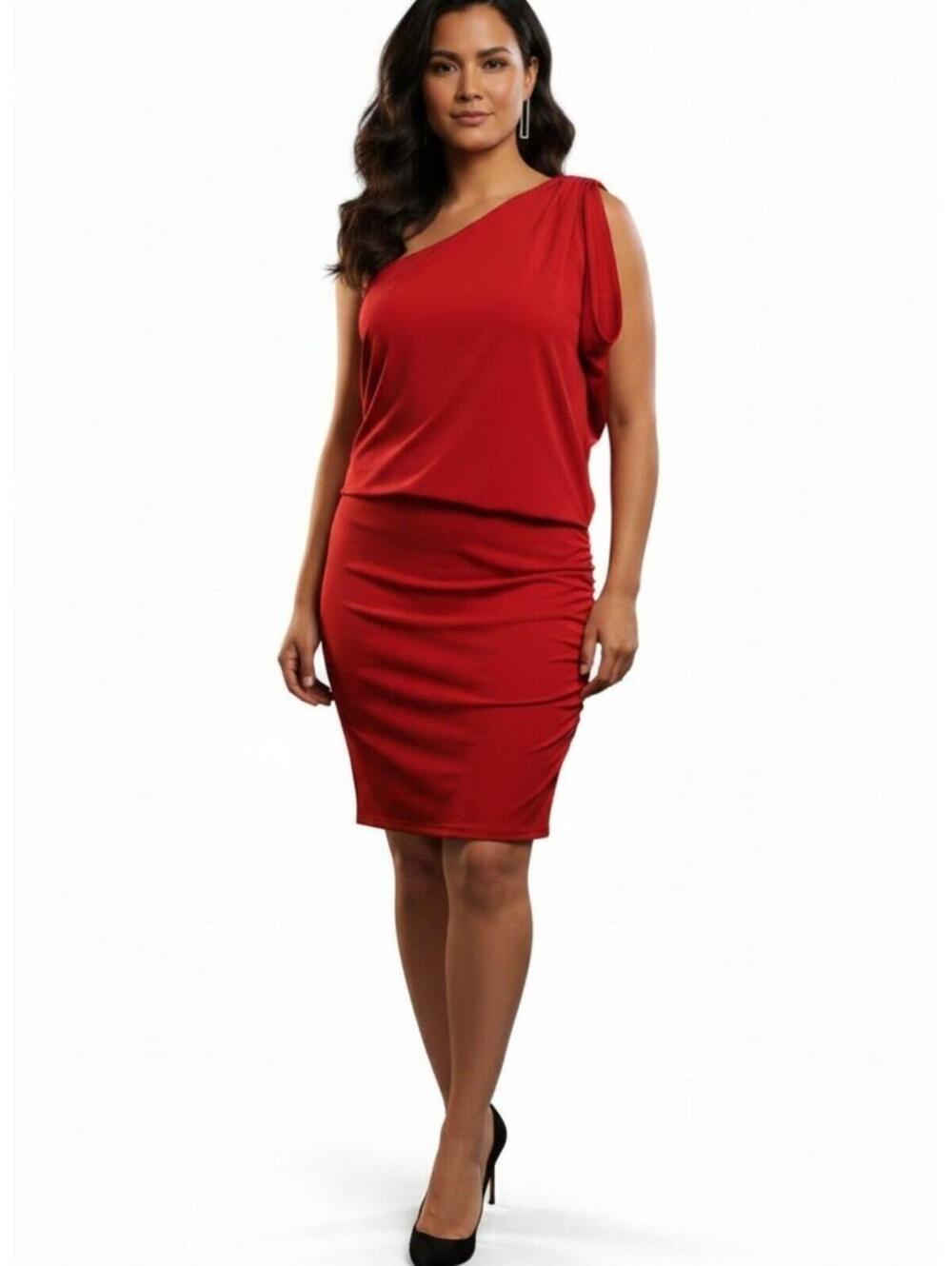 MICHAEL KORS Red One Shoulder Dress Small Asymmetric Gold Hardware Midi Cocktail